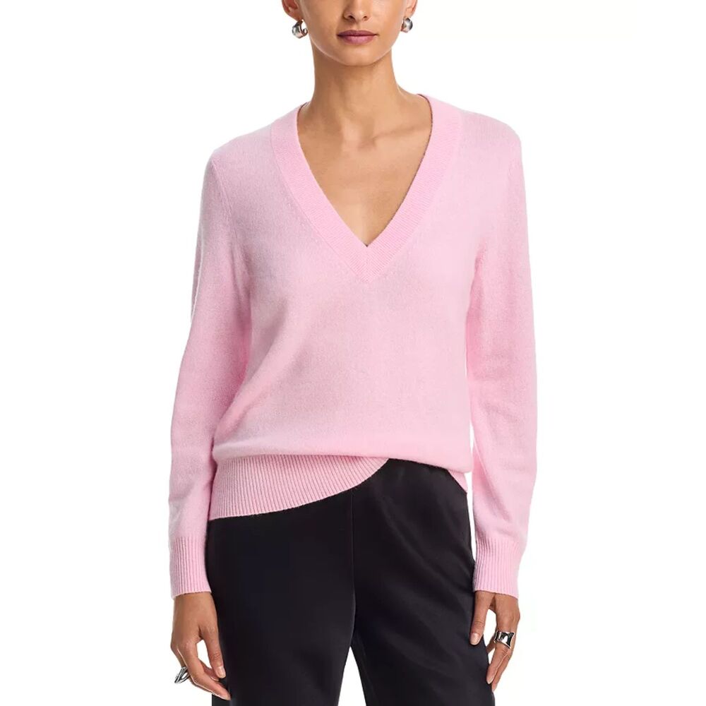 AQUA 100% Cashmere V Neck Sweater Pink Strawberry Milk S Quiet Luxury Old Money